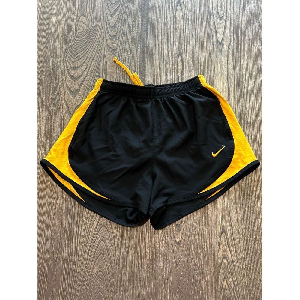 Nike Womens Dri-Fit Running Shorts Elastic Waist Swoosh Logo Black Yellow Size S
